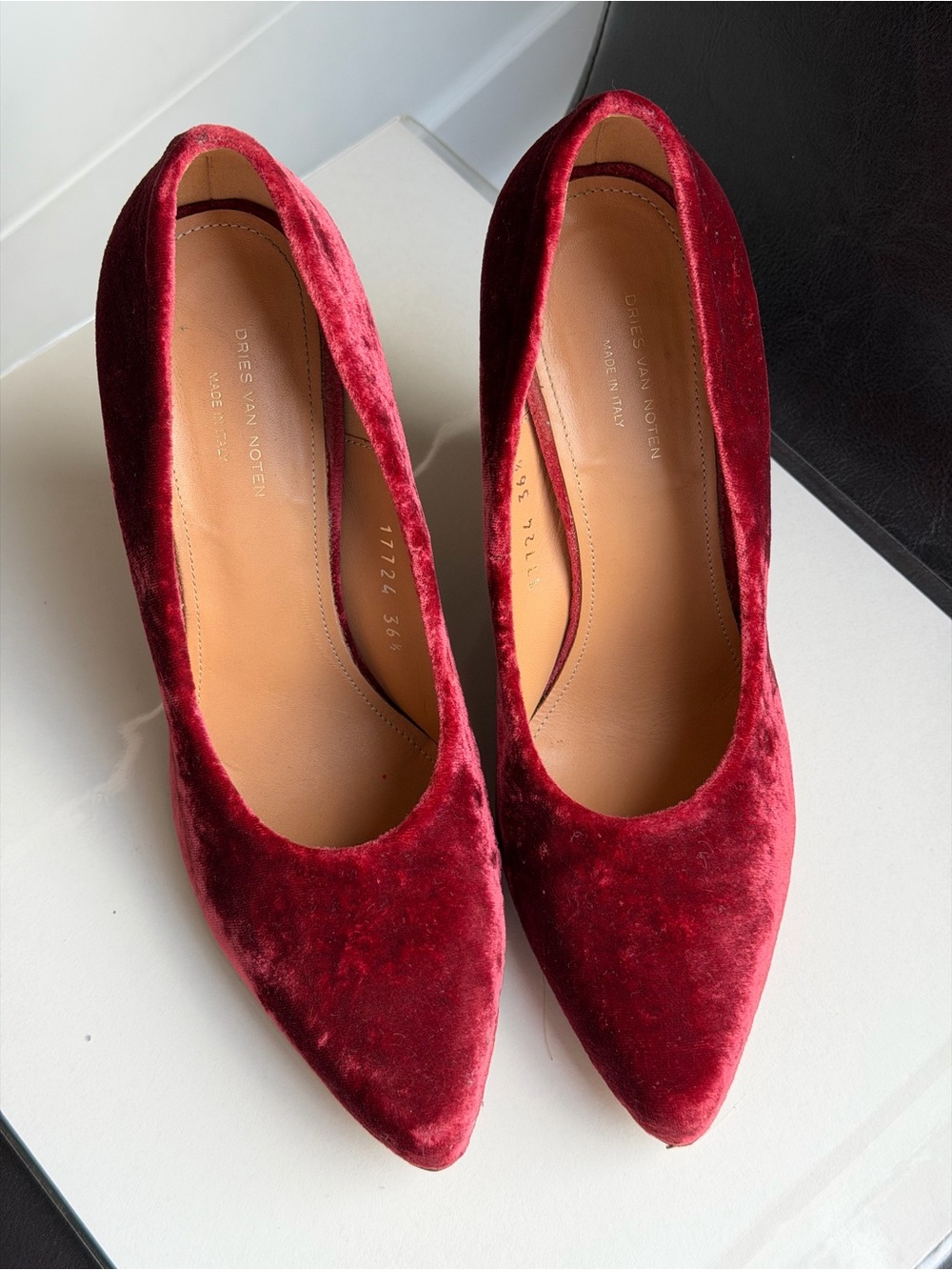 Dries Van Noten Deep Red Velvet Pointed Pumps